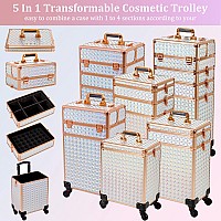 Arous 5 In 1 Professional Makeup Train Case Aluminum Cosmetic Case Rolling Makeup Case Extra Large Trolley Makeup Travel Organiz