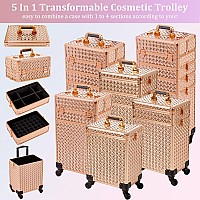 Arous 5 In 1 Professional Makeup Train Case Aluminum Cosmetic Case Rolling Makeup Case Extra Large Trolley Makeup Travel Organiz