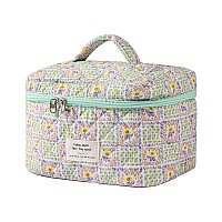 Uekeboag Large Travel Quilted Makeup Bag For Women Floral Cotton Cosmetic Bag Coquette Aesthetic Floral Toiletry Organizer Bag