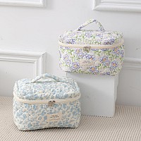 Uekeboag Large Travel Quilted Makeup Bag For Women Floral Cotton Cosmetic Bag Coquette Aesthetic Floral Toiletry Organizer Bag