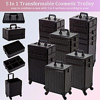 Arous 5 In 1 Professional Makeup Train Case Aluminum Cosmetic Case Rolling Makeup Case Extra Large Trolley Makeup Travel Organiz