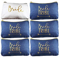 Heather & Willow 6 Piece Set | Navy Blue Bride Tribe Canvas Cosmetic Makeup Clutch Gifts Bag For Bridesmaid Proposal Box & Bridesmaids Bachelorette Party Favors