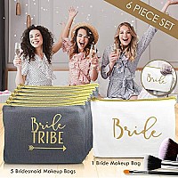 Heather & Willow 6 Piece Set | Navy Blue Bride Tribe Canvas Cosmetic Makeup Clutch Gifts Bag For Bridesmaid Proposal Box & Bridesmaids Bachelorette Party Favors