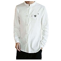 Mens Standing Collar Cotton and Linen Chinese Long Sleeve KungFu Cloth Men Shirt, White