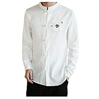 Mens Standing Collar Cotton and Linen Chinese Long Sleeve KungFu Cloth Men Shirt, White