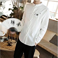 Mens Standing Collar Cotton and Linen Chinese Long Sleeve KungFu Cloth Men Shirt, White