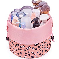 Barrel Drawstring Makeup Bag Travel Cosmetic Bag Large Toiletry Organizer Waterproof For Women Large Leopard