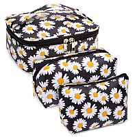 Wandf 3 Pieces Makeup Bag Toiletry Bag Portable Cosmetic Pouch Travel Organizer Waterresistant For Women Black Flower