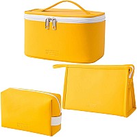 MIRASON Cosmetic Bag Set of 3 Makeup Bag for Purse Pouch Travel Beauty Zipper Organizer Bag Gifts for Girl Women, PU Leather Washable Waterproof (Yellow)