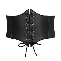 Leacoolkey Women Waspie Corset Belt For Dress Retro Wide Elastic Tie Waspie Belt Halloween Ladies Black Tied Waspie Belt