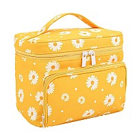 Hoyofo Makeup Bags For Women Large Cosmetic Bags With Brush Holders Travel Make Up Bag Orange Daisy