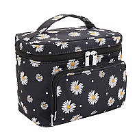 Hoyofo Makeup Bags For Women Large Cosmetic Bags With Brush Holders Travel Make Up Bag Black Daisy