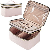 NISHEL Double Layer Travel Makeup Bag with Strap, Large Cosmetic Case Organizer Fits Bottles Vertically, Top Layer for Brushes, Tweezers, Eyeliner, Pink