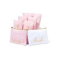 Heather & Willow 8 Piece Set | Bride Tribe Bridesmaid Gifts Bags, Canvas Makeup Bags Cosmetic Clutch & Purse | Bachelorette Party Favors | Bridesmaid Proposal Box for Wedding Bridal Shower - Blush