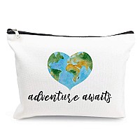 Cokosoxo Travel Bag Adventure Awaits Cosmetic Bag Nature Linen Cotton World Map Makeup Case Great Gift for Women Friends Bestie Daughter Graduation Friendship Birthday Gifts,10x7.5 Inch