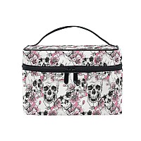 Makeup Bag Halloween Goth Skull Flowers And Pink Cherries Travel Makeup Organizer Bag Cosmetic Cases Toiletry Bags For Girl Wom