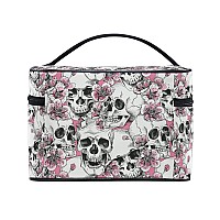 Makeup Bag Halloween Goth Skull Flowers And Pink Cherries Travel Makeup Organizer Bag Cosmetic Cases Toiletry Bags For Girl Wom