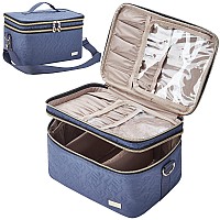 NISHEL Double Layer Travel Makeup Bag with Strap, Large Cosmetic Case Organizer Fits Bottles Vertically, Top Layer for Brushes, Tweezers, Eyeliner, Aegean-Blue