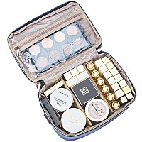 NISHEL Double Layer Travel Makeup Bag with Strap, Large Cosmetic Case Organizer Fits Bottles Vertically, Top Layer for Brushes, Tweezers, Eyeliner, Aegean-Blue