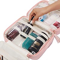 LACATTURA Hanging Toiletry Bag for Women, Leather Travel Makeup Bag, Large Cosmetic Organizer, 4 Layers Portable Waterproof Hygiene Bag, Bathroom Organizer for Shampoo, Make up, Personal Item, Pink