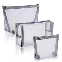 Boao 3 Pieces Mesh Cosmetic Bag Mesh Makeup Bags Mesh Zipper Pouch For Offices Travel Accessories 3 Sizes Grey