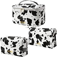 MIRASON Cosmetic Bag Set of 3 Makeup Bag for Purse Pouch Travel Beauty Zipper Organizer Bag Gifts for Girl Women, PU Leather Washable Waterproof (Cow Print)