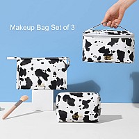 MIRASON Cosmetic Bag Set of 3 Makeup Bag for Purse Pouch Travel Beauty Zipper Organizer Bag Gifts for Girl Women, PU Leather Washable Waterproof (Cow Print)