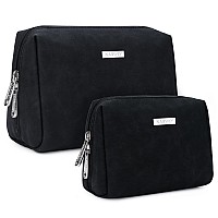 2 Pack Vegan Leather Makeup Bag Zipper Pouch Travel Cosmetic Organizer For Women Large Pack Of 2 Pure Black