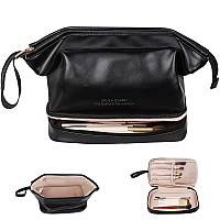 Abiudeng Makeup Bag,Double Layer Cosmetic Bag,Travel Essentials Makeup Bag,Leather Makeup Bag, Cosmetic Travel Bags,Portable Leather Toiletry Bag,Roomy Cosmetic Bag For Women And Girls(Black)