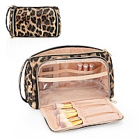 CUBETASTIC Travel Makeup Bag, Leopard Print Cosmetic Bag, Portable Makeup Organizer Bag with Side Handle, Roomy Makeup Pouch for Purse