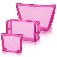 3 Pieces Mesh Cosmetic Bag Mesh Makeup Bags Mesh Zipper Pouch for Offices Travel Accessories, 3 Sizes (Rose Red)