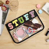 DYSHAYEN Chenille Letter Clear Zipper Pouch for Travel,Nylon Clear Cosmetic Bag,Makeup Travel Bag for Women Girls (Black-Stuff)