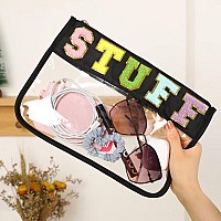 DYSHAYEN Chenille Letter Clear Zipper Pouch for Travel,Nylon Clear Cosmetic Bag,Makeup Travel Bag for Women Girls (Black-Stuff)