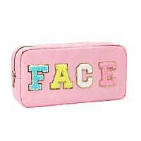 Dyshayen Nylon Cosmetic Bag Preppy Face Care Makeup Bag For Women Travel Toiletry Organizer With Chenille Letter Patches Pinkf