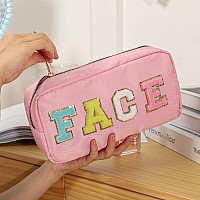 Dyshayen Nylon Cosmetic Bag Preppy Face Care Makeup Bag For Women Travel Toiletry Organizer With Chenille Letter Patches Pinkf