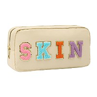 Dyshayen Nylon Cosmetic Bag Preppy Hair Makeup Bag For Women Travel Toiletry Organizer With Chenille Letter Patches Minthair