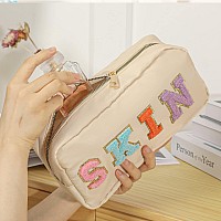 Dyshayen Nylon Cosmetic Bag Preppy Hair Makeup Bag For Women Travel Toiletry Organizer With Chenille Letter Patches Minthair