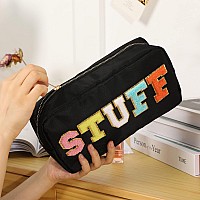 Dyshayen Nylon Cosmetic Bag Preppy Makeup Stuff Bag For Women Travel Toiletry Organizer With Chenille Letter Patches Blackstuf