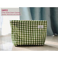 Happyheidi Women Checkered Canvas Makeup Bag Cosmetic Pouch Make Up Travel Purse Organizer Cute Green Plaid