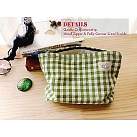 Happyheidi Women Checkered Canvas Makeup Bag Cosmetic Pouch Make Up Travel Purse Organizer Cute Green Plaid