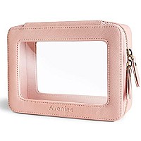 Aveniee Clear Makeup Bag Organizer, Portable Travel Toiletry Cosmetic Bag Case for Women, Heavy Duty Vegan Leather Make Up Pouch with Transparent Vinyl Windows & Gold Zippers(Pink)