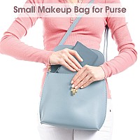 Narwey Small Makeup Bag For Purse Vegan Leather Travel Makeup Pouch Mini Cosmetic Bag Zipper Pouch For Women Greyish Blue