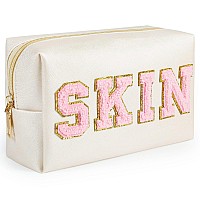 Besharppin Preppy Makeup Bag Synthetic Leather Patch Cosmetic Bag With Skin Chenille Letter For Travel Gift For Girlfriend Or