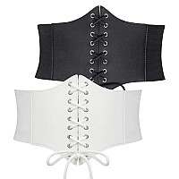 Suosdey 2 Pack Black Corset Belt For Women Vintage Laceup Elastic Waist Belt Tied Waspie Wide Belt For Halloween Costume