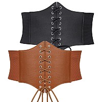 Suosdey 2 Pack Black Corset Belt For Women Vintage Laceup Elastic Waist Belt Tied Waspie Wide Belt For Halloween Costume