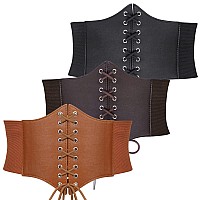 Suosdey 3 Pack Black Corset Belt For Women Vintage Laceup Elastic Waist Belt Tied Waspie Wide Belt For Halloween Costume