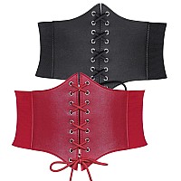 Suosdey 2 Pack Black Corset Belt For Women Vintage Laceup Elastic Waist Belt Tied Waspie Wide Belt For Halloween Costume