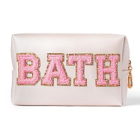 Y1Tvei Preppy Patch Bath Letter Cosmetic Toiletry Bag Pu Leather Portable Makeup Bag Sewn With Felt Varsity Letter Patches Water