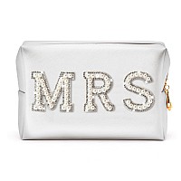 Y1Tvei Mrs Cosmetic Large Bag White Patch Varsity Letter Mrs Toiletry Big Bag Pearl Rhinestone Letter Patches Big Makeup Pu Ba