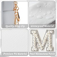 Y1Tvei Mrs Cosmetic Large Bag White Patch Varsity Letter Mrs Toiletry Big Bag Pearl Rhinestone Letter Patches Big Makeup Pu Ba